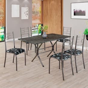Conjunto Sala de Jantar Mesa Retangular 140x75cm Tampo Madeira Mdp Ardósia Indiana 6 Cadeiras Paraty Preto Floral / Mart Prata