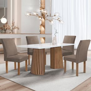 Conjunto Mesa Stella Ripada 120cm com 4 Cadeiras Canela Tampo Smart Plus com Vidro Chocolate/Off White/Veludo Bege Escuro