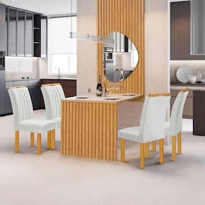 Conjunto Mesa Bella Ripada 120cm com Painel Espelhado Tampo Bella com Vidro 4 Cadeiras Arizona Cinamomo/Off White/Boucle Gelo