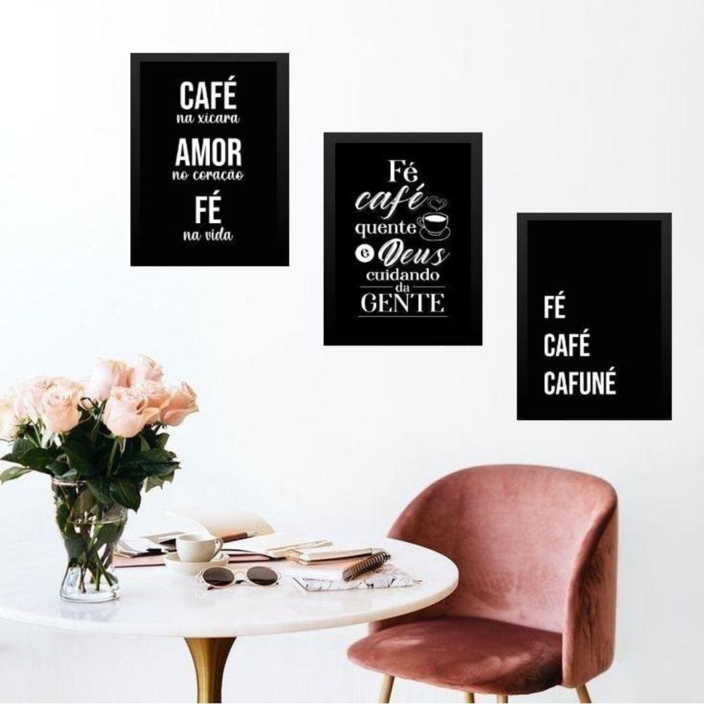 Kit 3 Quadros Cozinha Café Com Fé 33X24Cm - Com Vidro