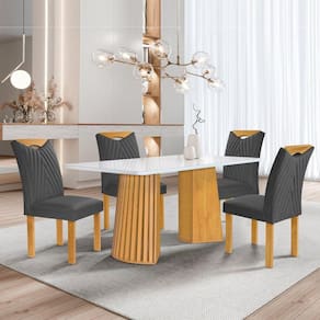 Conjunto Mesa Stella Ripada 120cm com 4 Cadeiras Stella Tampo Smart Plus com Vidro Cinamomo/Off White/Boucle Cinza