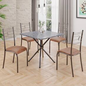 Conjunto Sala de Jantar Mesa Quadrada 70x70cm Tampo Granito Ocre 4 Cadeiras Paraty Courino Marrom / Mart Prata