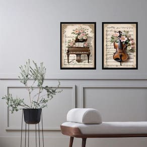 Kit 2 Quadros Vintage Piano E Violino - Flores 33X24Cm Vidro