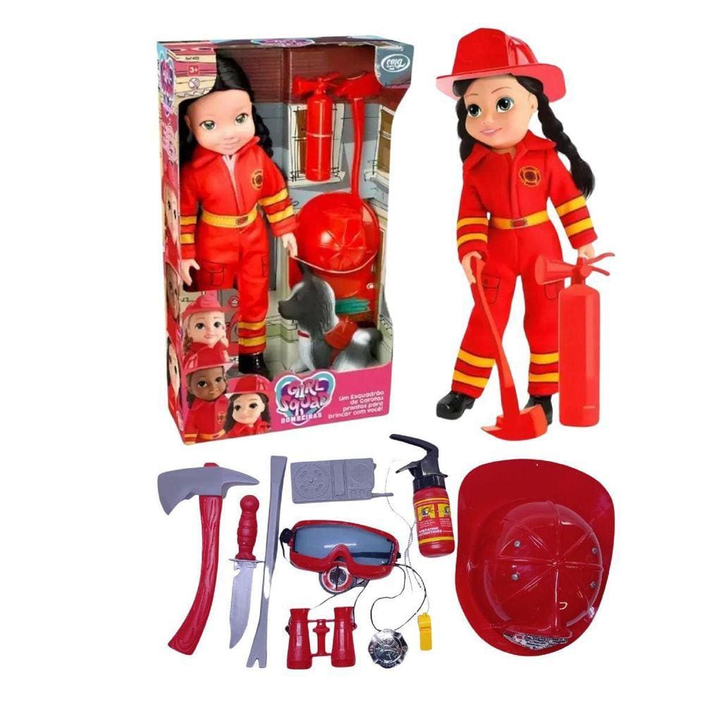 Kit Boneca Bombeira Morena Com Cachorro E Acessórios