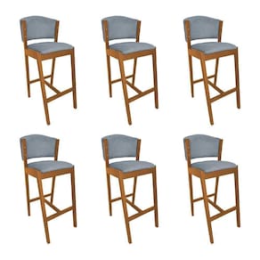 Kit 6 Banquetas Alta De Madeira Maciça Cerejeira Premium Ana Com Encosto Linho Cinza - Cor: Cinza