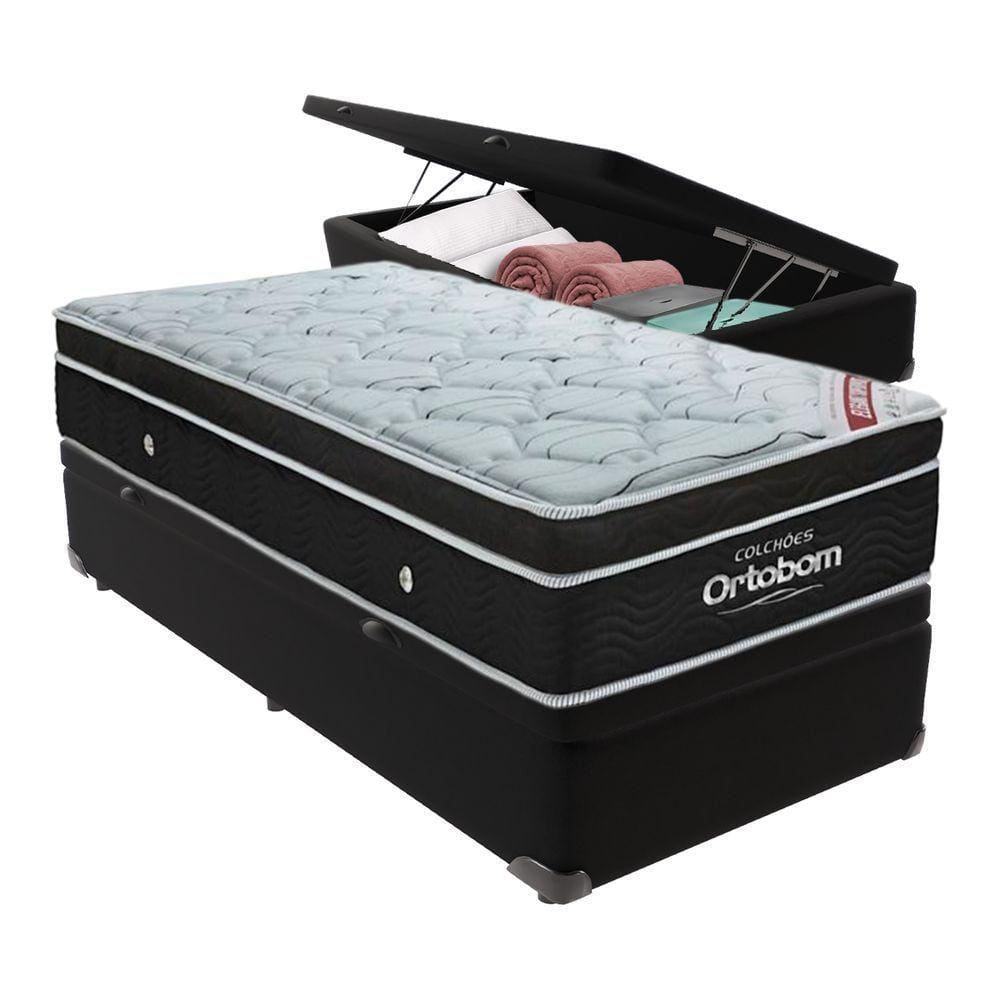 Cama Box Baú Solteiro Colchão Ortobom Elegant Mola Ensacada Cor:preto