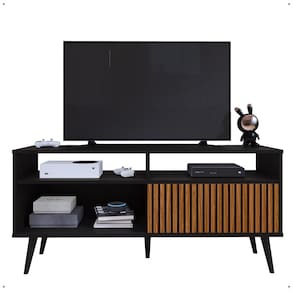 Rack Bancada Home Samba Estante Tv 55 Polegadas Nicho Organizador Porta Correr Sala Quarto Pequeno Retrô - Preto/Ripado - RPM
