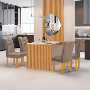 Conjunto Mesa Bella Ripada 120cm com Painel Espelhado Tampo Bella com Vidro 4 Cadeiras Arizona Cinamomo/Off White/Veludo Bege Escuro
