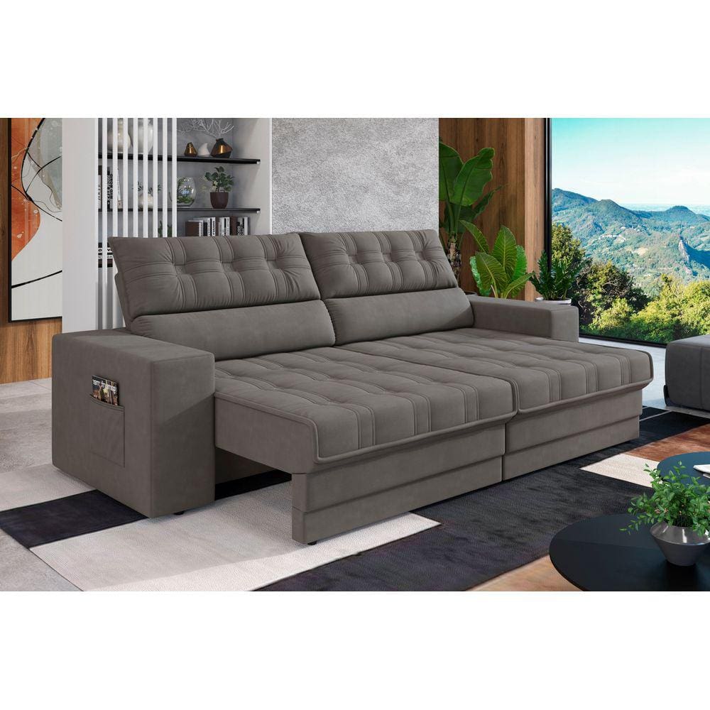 Sofá Oscar Plus 2,00m Retrátil/Reclinável Suede Cinza - XFlex Sofás