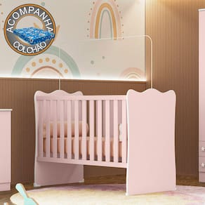 Berço Simples Doce Sonho 1 Qmovi Rosa Acetinado + Colchão Ortobom