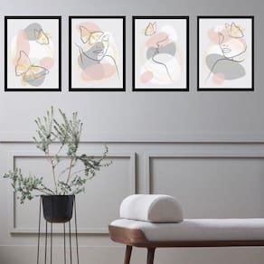 Kit 4 Quadros Borboletas Abstratas Rosa E Cinza 45X34Cm