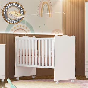 Berço Simples Doce Sonho 1 c/ rodízios Qmovi Branco + Colchão Gazin