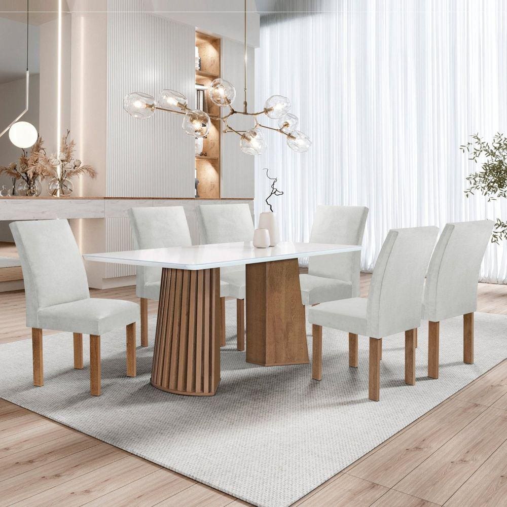 Conjunto Mesa Stella Ripada 170cm com 6 Cadeiras Canela Tampo Smart Plus com Vidro Chocolate/Off White/Boucle Gelo