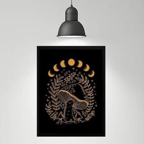 Quadro Místico Cogumelo - Fases Da Lua 33X24Cm - Com Vidro