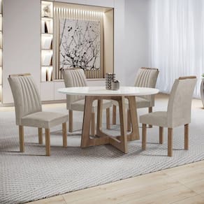 Conjunto Mesa Arizona 120cm com 4 Cadeiras Arizona Tampo Redondo Plus com Vidro Chocolate/Off White/Bege Claro