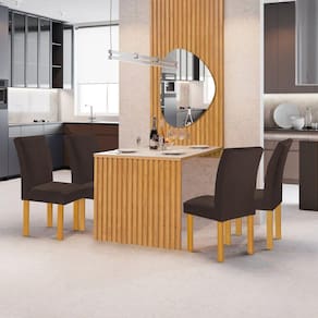 Conjunto Mesa Bella Ripada 120cm com Painel Espelhado Tampo Bella com Vidro 4 Cadeiras Canela Cinamomo/Off White/Veludo Marrom