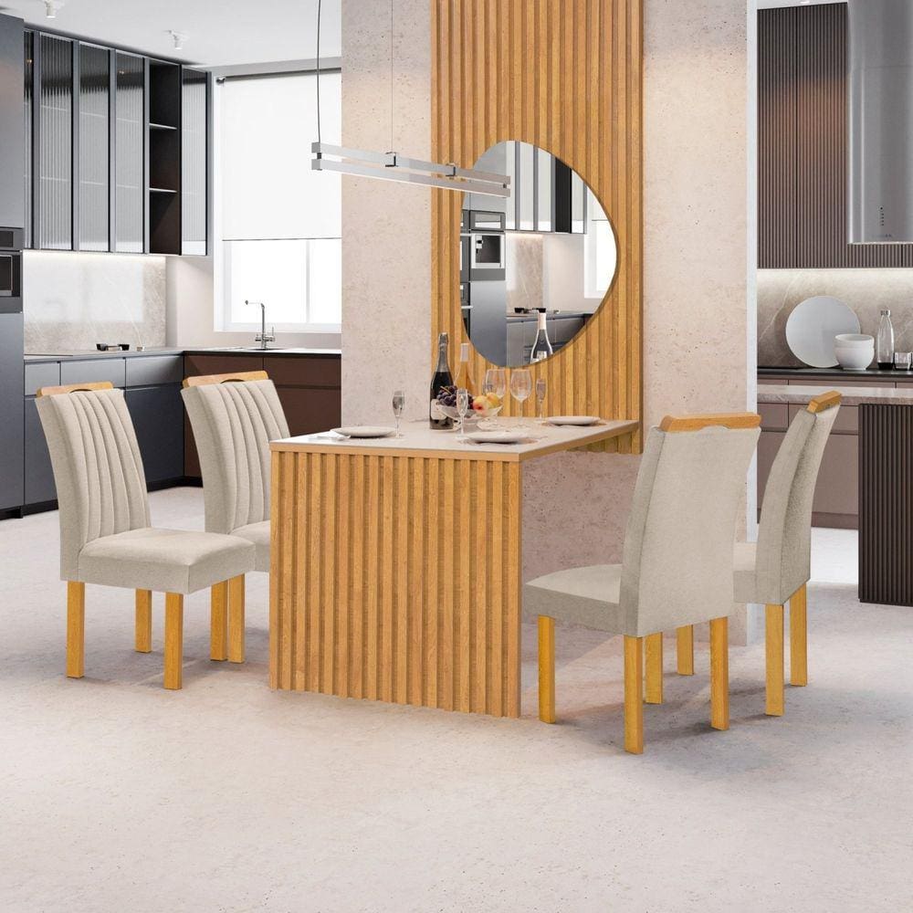 Conjunto Mesa Bella Ripada 120cm com Painel Espelhado Tampo Bella com Vidro 4 Cadeiras Arizona Cinamomo/Off White/Boucle Bege