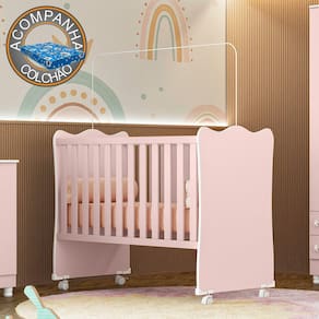Berço Simples Doce Sonho 1 c/ rodízios Qmovi Rosa Acetinado + Colchão Ortobom