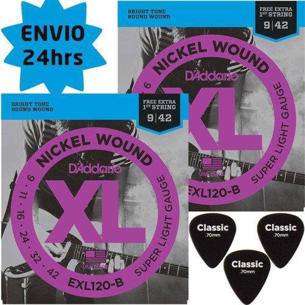 Kit 2 Encordoamento D`Addario Para Guitarra Exl120 + Palheta