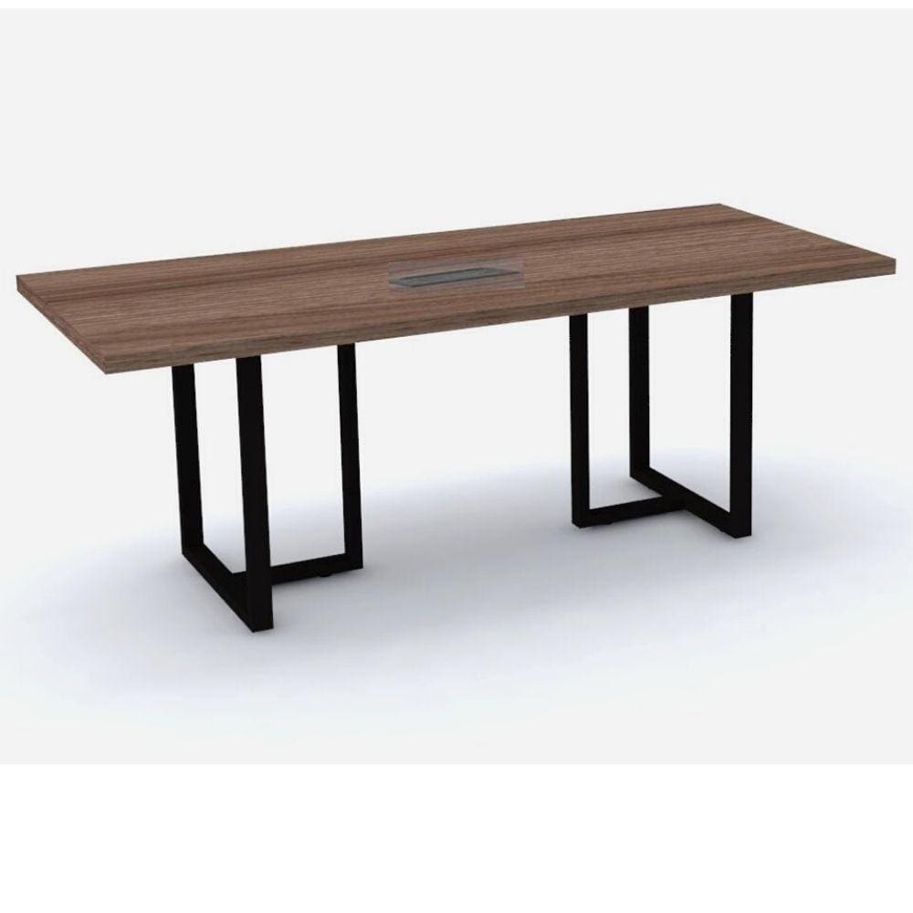 Mesa de Reunião com Caixa de Tomada Retangular 200 x 90 cm Pé Tubular PE40 em MDP Walnut Base Preta