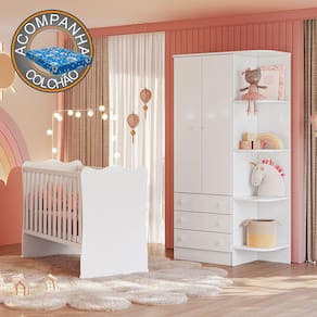 Quarto de Bebê Doce Sonho com Roupeiro 825 e Berço Simples 1 Qmovi Branco + Colchão Ortobom