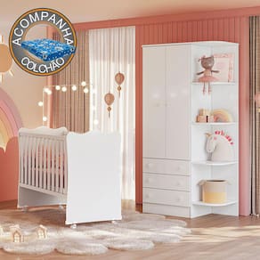 Quarto de Bebê Doce Sonho com Roupeiro 825 e Berço Simples 1 c/ Rodízios Qmovi Branco + Colchão Ortobom