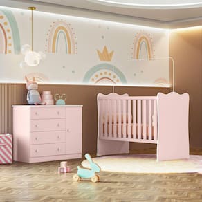 Quarto de Bebê Doce Sonho com Cômoda 2561 e Berço Simples 1 Qmovi Rosa Acetinado