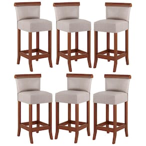 Kit 6 Banquetas Média Estofada Encosto Diamantina 36x90Cm Balcão Madeira Maciça Linho Bege M58