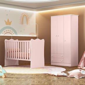 Quarto de Bebê Doce Sonho com Roupeiro 2617 e Berço Simples 1 Qmovi Rosa Acetinado