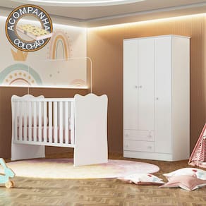Quarto de Bebê Doce Sonho com Roupeiro 2617 e Berço Simples 1 Qmovi Branco + Colchão Gazin