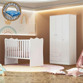 Quarto de Bebê Doce Sonho com Roupeiro 2617 e Berço Simples 1 Qmovi Branco + Colchão Ortobom