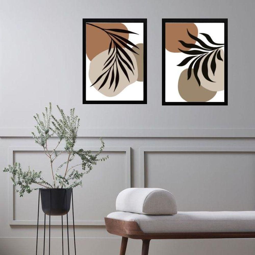 Kit 2 Quadros Folhas Abstratas Marrom Preto Cinza 45X34Cm