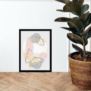 Quadro Abstrato Borboletas Rosa E Cinza 33X24Cm - Com Vidro