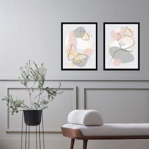 Kit 2 Quadros Borboletas Abstratas Rosa E Cinza 45X34Cm