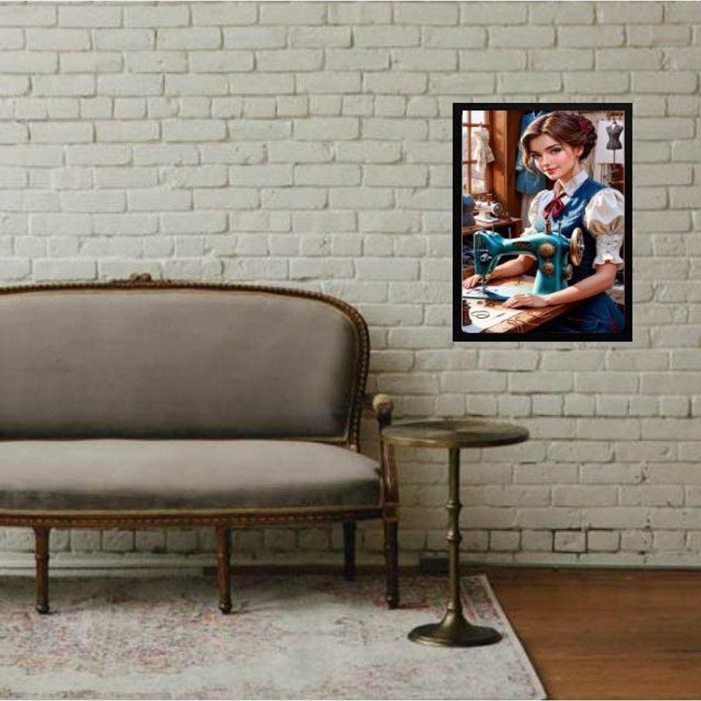 Quadro Vintage Mulher Costurando - Costureira 24X18Cm Vidro