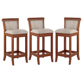 Kit 3 Banquetas Média Estofada Encosto Mônaco 36x90Cm Madeira Maciça Linho Bege M58