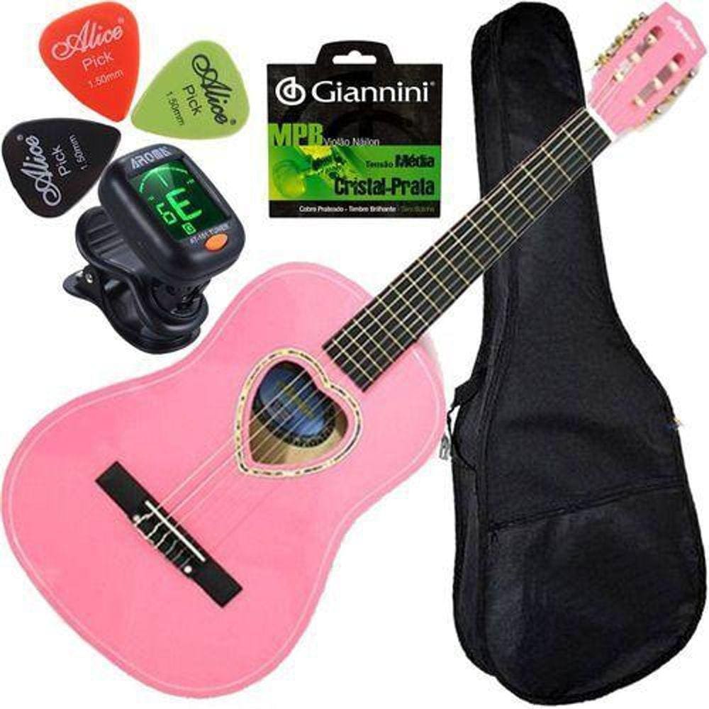 Kit Violão Eletroacústico Infantil 1/2 Rosa Austin Kauthon