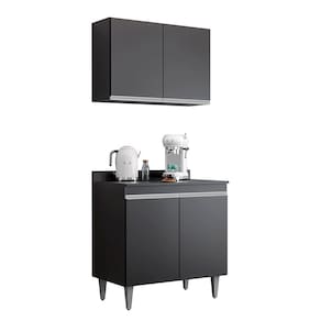 Kit Cozinha Balcão Ellen e Aéreo Isis 80cm C/ Tampo Preto - Vallisa Decor