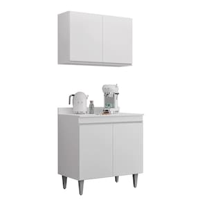Kit Cozinha Balcão e Armário 80cm C/ Tampo Branco - Vallisa Decor