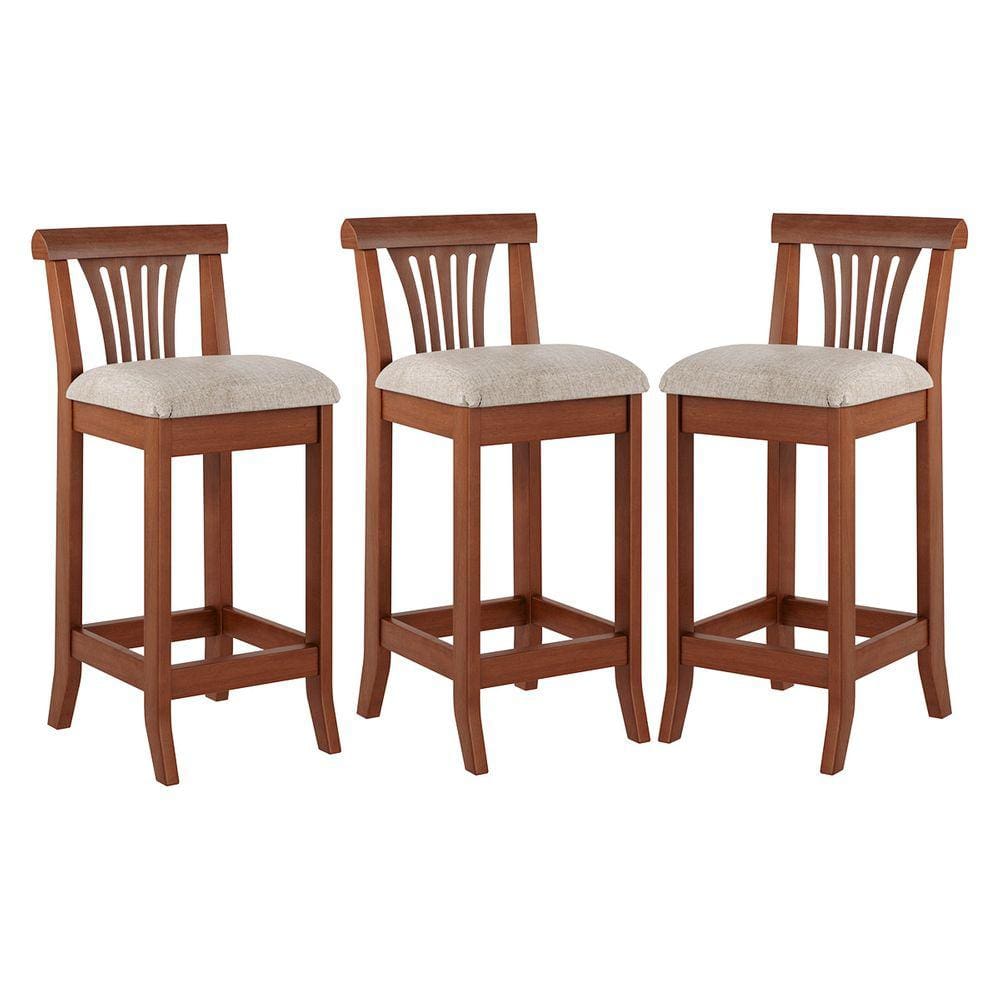 Kit 3 Banquetas Média Estofada Encosto Valentina 36x90Cm Madeira Maciça Linho Bege M58