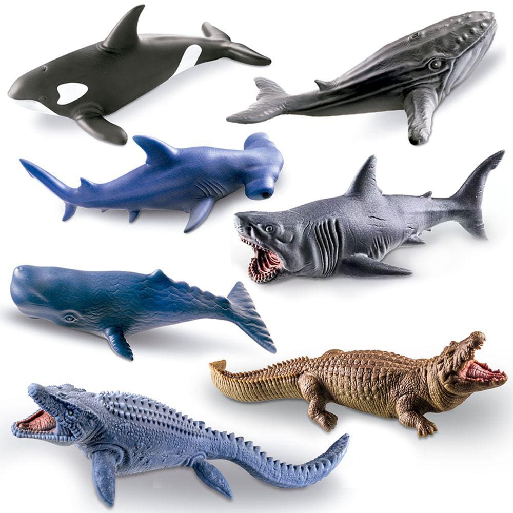 7 Brinquedos Em Vinil Baleia Tubarão Crocodilo Mosassauro