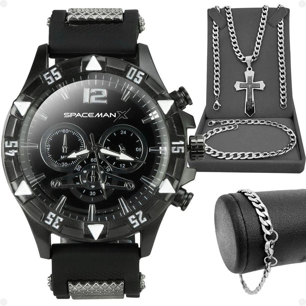 Relogio Masculino Preto + Cordão Prata Grumet + Pulseira