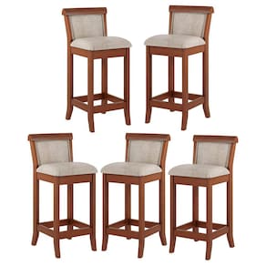 Kit 5 Banquetas Média Estofada Encosto Mônaco 36x90Cm Madeira Maciça Linho Bege M58