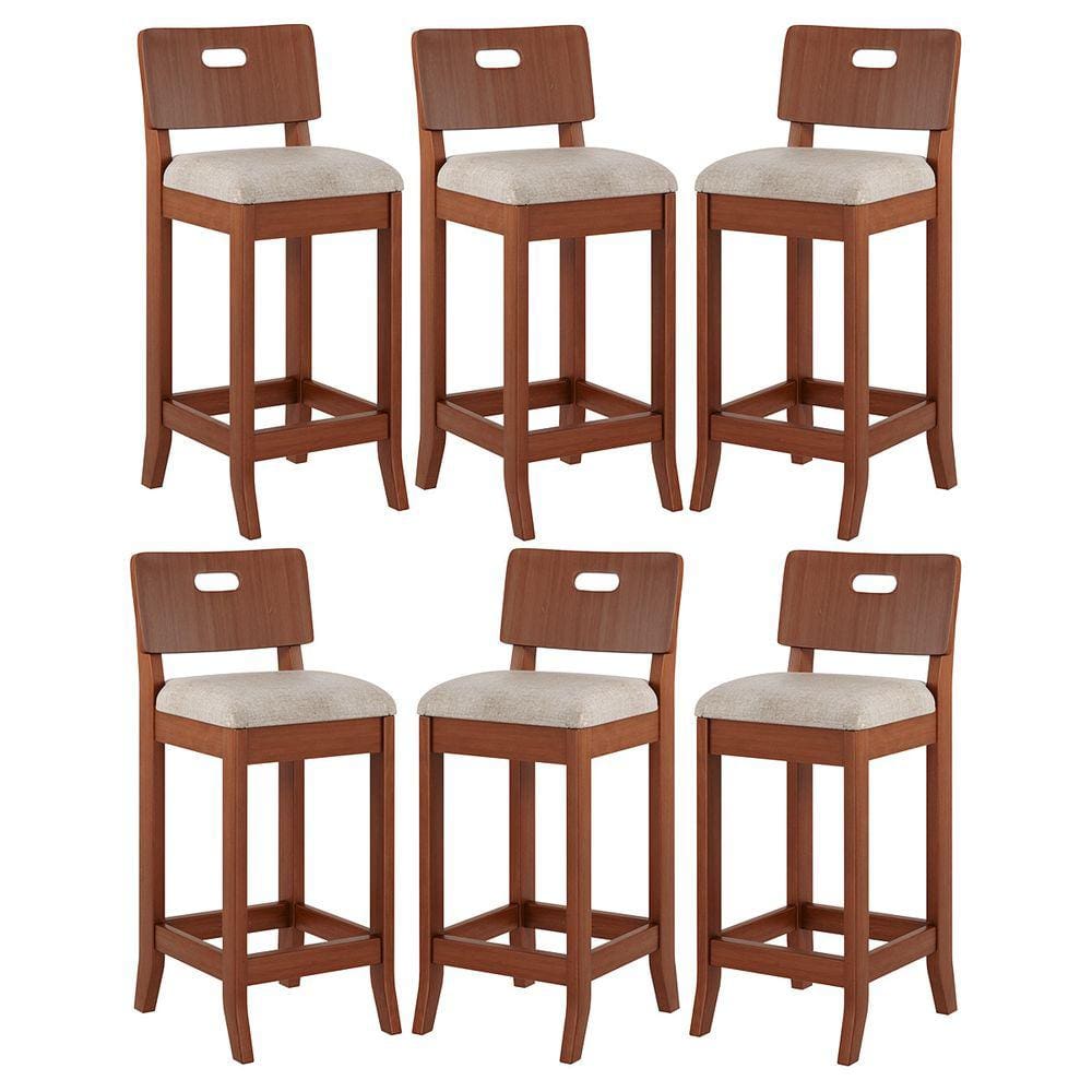 Kit 6 Banquetas Média Estofada Encosto Dubai 36x90Cm Madeira Maciça Linho Bege M58
