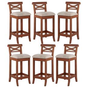 Kit 6 Banquetas Média Estofada Encosto 36x90Cm Copacabana Madeira Linho Bege M58