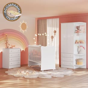 Quarto de Bebê Doce Sonho Completo c/ Rodízios Qmovi Branco + Colchão Gazin