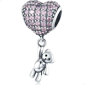 Berloque Charms Pingente Urso Coração de Zircônia Prata 925