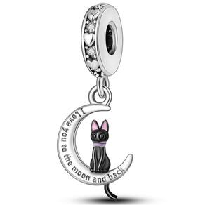 Berloque Charms Pingente Gato Negro Lua Prata 925