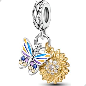 Berloque Charms Pingente Sorte Girassol Borboleta Prata 925