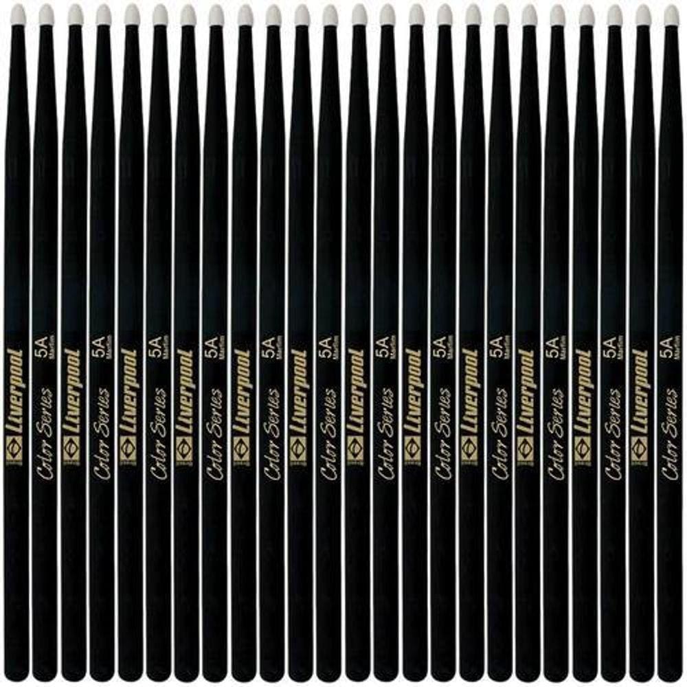 Kit 20 Baquetas Liverpool 5A Preto Ponta Nylon Lc Dz5An